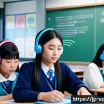 음성 합성 기술의 향후 발전 가능성 - A modern Japanese classroom scene featuring diverse students attentively using tablets and headphone...