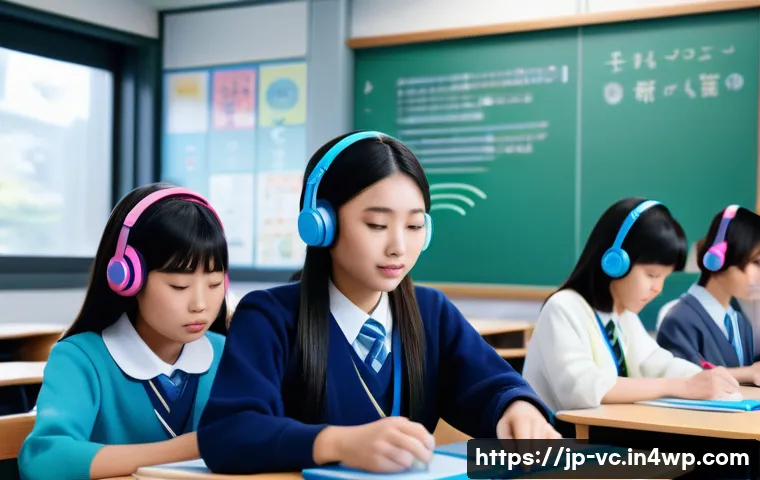 음성 합성 기술의 향후 발전 가능성 - A modern Japanese classroom scene featuring diverse students attentively using tablets and headphone...