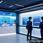 AI 음성 합성과 고객 서비스 혁신 - A modern Japanese customer service center with sleek design, featuring AI voice synthesis technology...