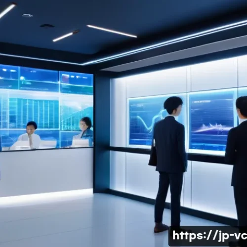 AI 음성 합성과 고객 서비스 혁신 - A modern Japanese customer service center with sleek design, featuring AI voice synthesis technology...