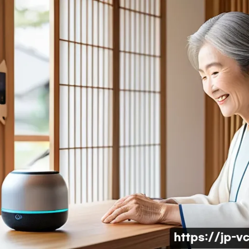 음성 합성 기술의 산업별 활용 - A modern Japanese living room featuring a sleek smart speaker on a wooden table, soft natural light ...