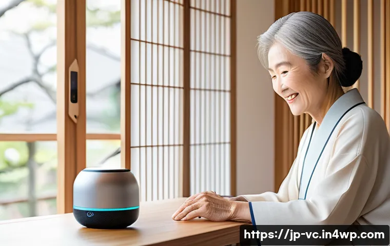 음성 합성 기술의 산업별 활용 - A modern Japanese living room featuring a sleek smart speaker on a wooden table, soft natural light ...
