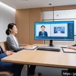 음성 합성 기술의 연구 방향 - A modern Japanese office scene showing a diverse group of professionals engaged in a video conferenc...