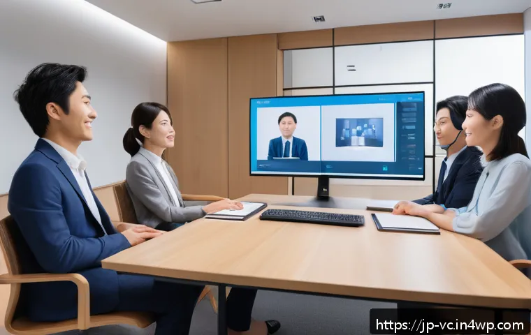 음성 합성 기술의 연구 방향 - A modern Japanese office scene showing a diverse group of professionals engaged in a video conferenc...