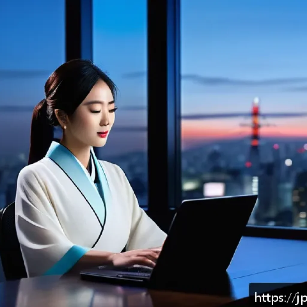 음성 합성 기술의 발전과 사회적 영향 - A modern Japanese office scene showcasing a professional woman using advanced voice synthesis softwa...