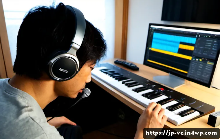 음성 합성 정확성을 높이는 방법 - Photorealistic close-up of a Japanese audio engineer wearing headphones at a clean home studio desk,...