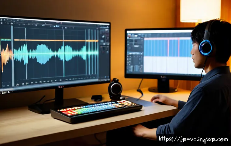 AI 음성 합성과 캐릭터 음성 제작 - Photorealistic home recording studio, a Japanese creative professional wearing headphones speaks int...